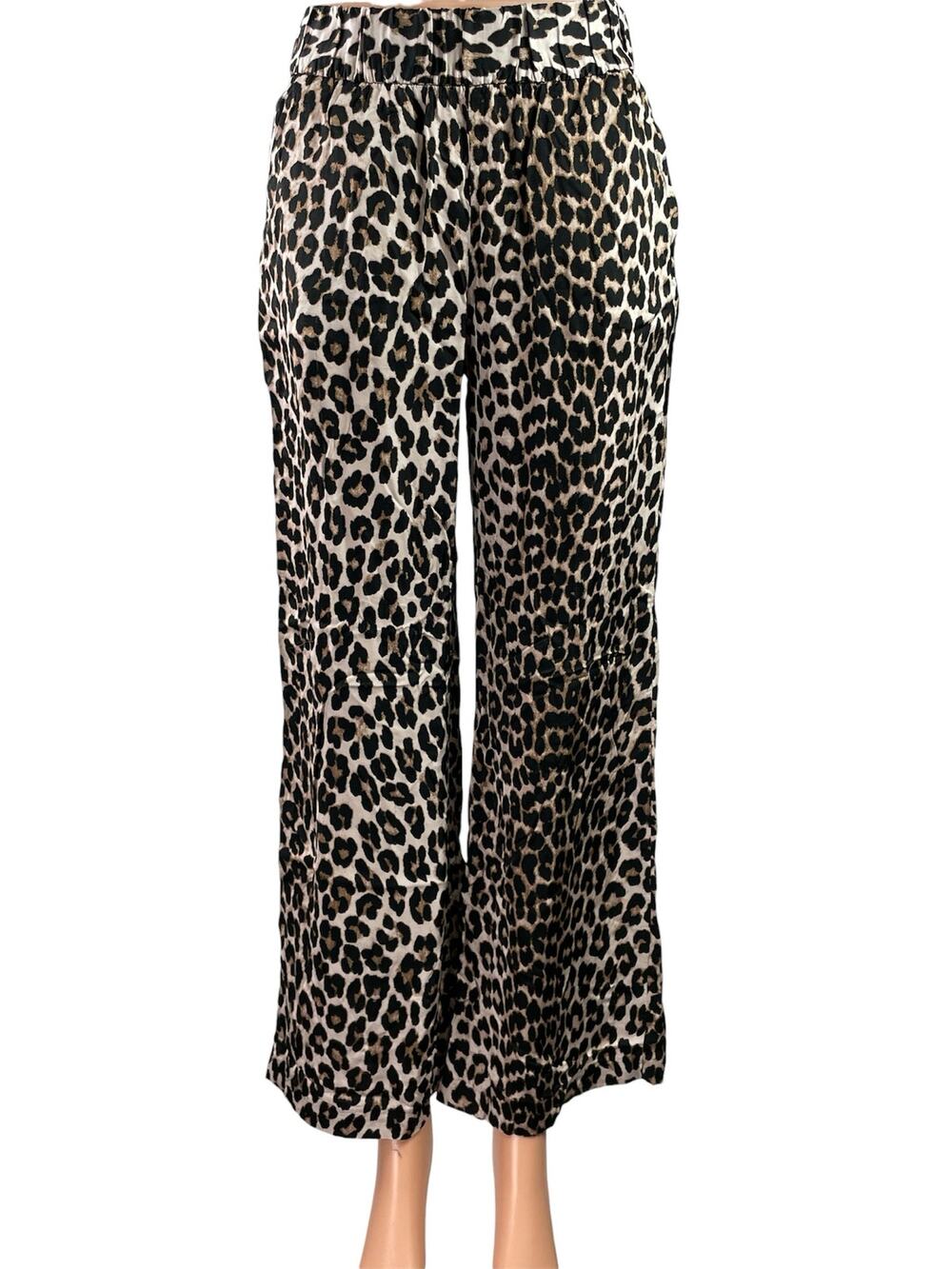 H&M Women's Black Leopard Animal Print High Rise Wide Leg Trousers Pants Size S